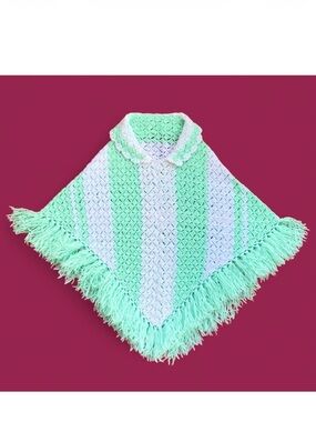 Handmade pastel mint green white crochet poncho with fringe